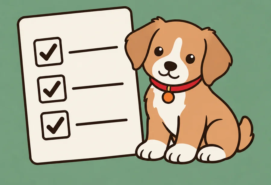 Illustrated puppy sitting next to a checklist with three items ticked off