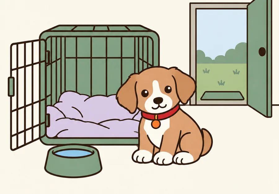 Illustrated puppy sitting beside an open crate and water bowl, with a door open to the yard