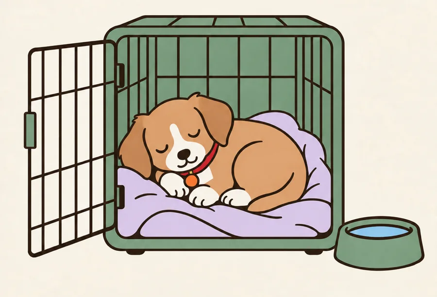 Illustrated puppy asleep on a lavender blanket inside an open green crate, with a water bowl beside it