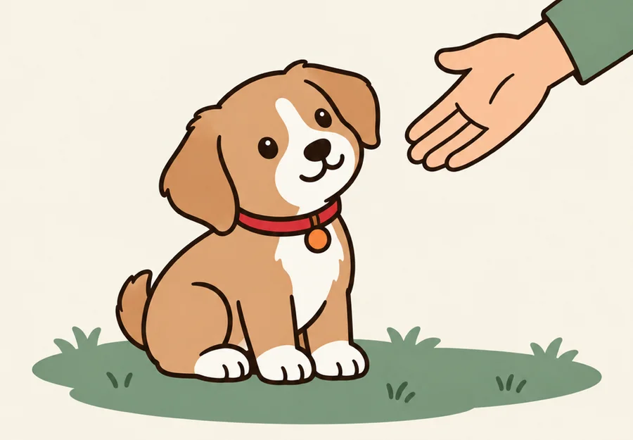 Illustrated puppy sitting on grass looking up at a hand reaching out to praise it