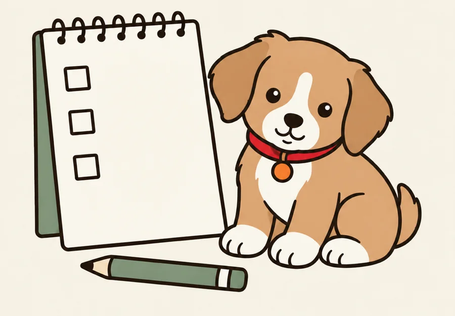 Illustrated puppy sitting next to a notepad with empty checkboxes and a pencil